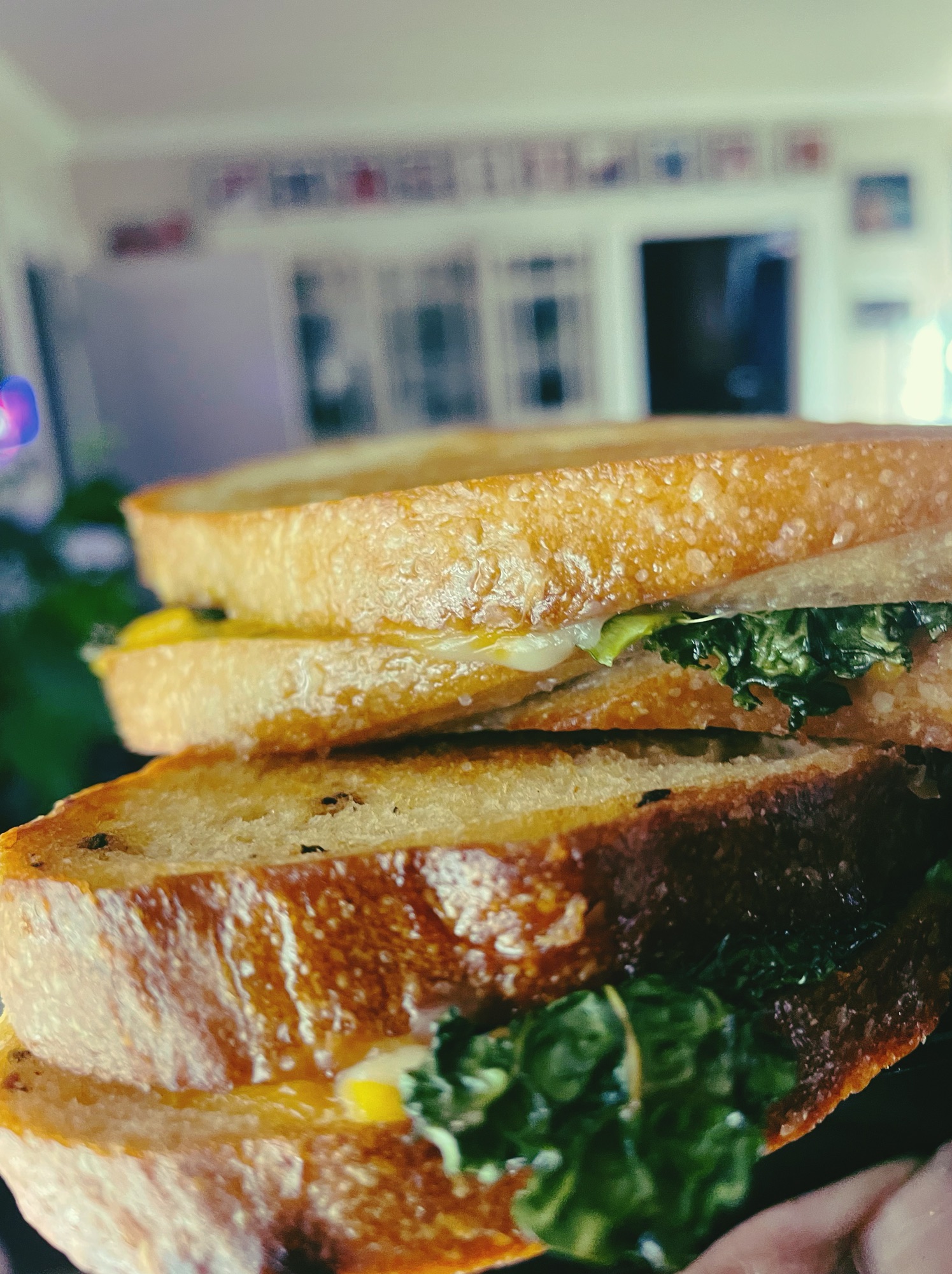 Vegan Sourdough Grilled Cheese with Roasted Kale from the garden.